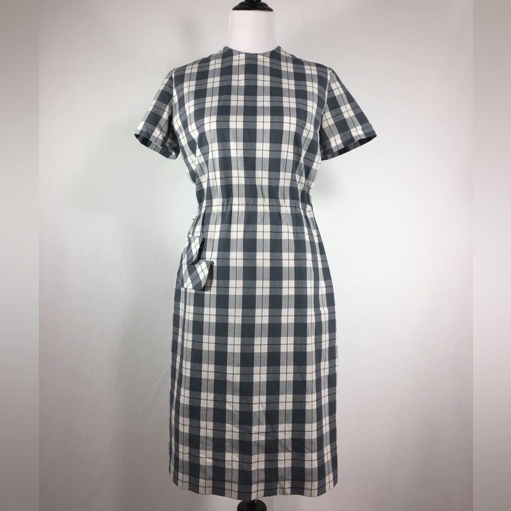 Vintage 1940s style blue grey plaid dress M